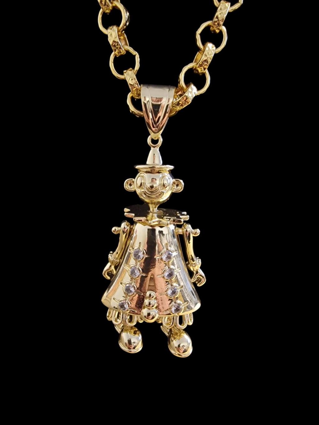 24" (9mm) Gold Plated Belcher Chain & Large Clown Pendant 90's Romany Bling