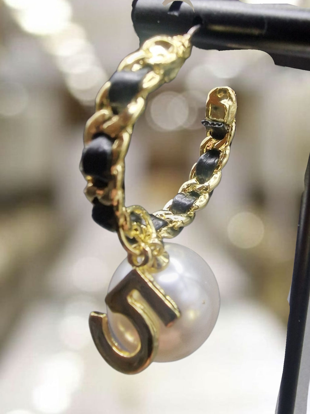 Vintage Number 5 Pearl Ribbon Hoop Earrings Fashion Bling Fashion