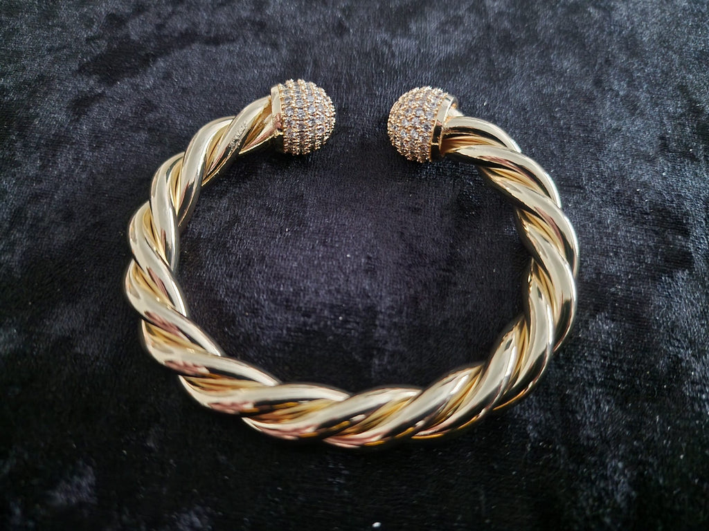 Gold Plated Twisted Torque Bangle – Iced Out Ball Ends (medium and heavy version)