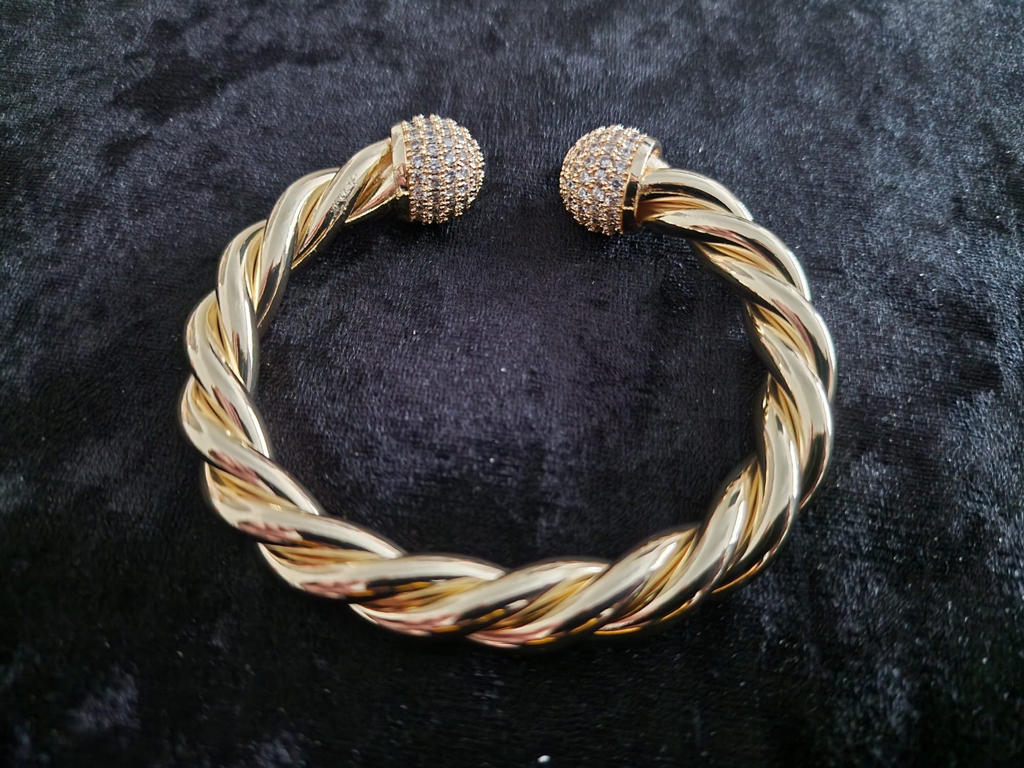 Gold Plated Twisted Torque Bangle – Iced Out Ball Ends (medium and heavy version)