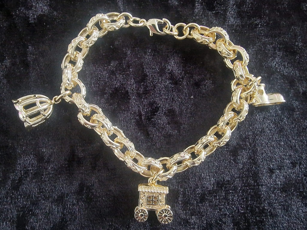 Gold Plated Gypsy Belcher Charm Bracelet Romany Bling Gypsy Wagon , Bird Cage