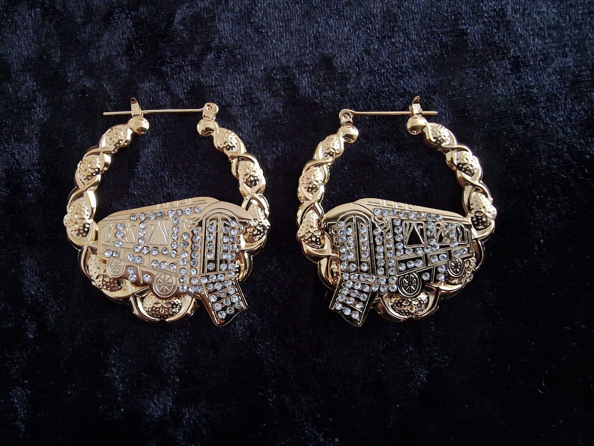 Gold Plated Gypsy Vardo Wagon Earrings – Stone Encrusted Statement Hoops