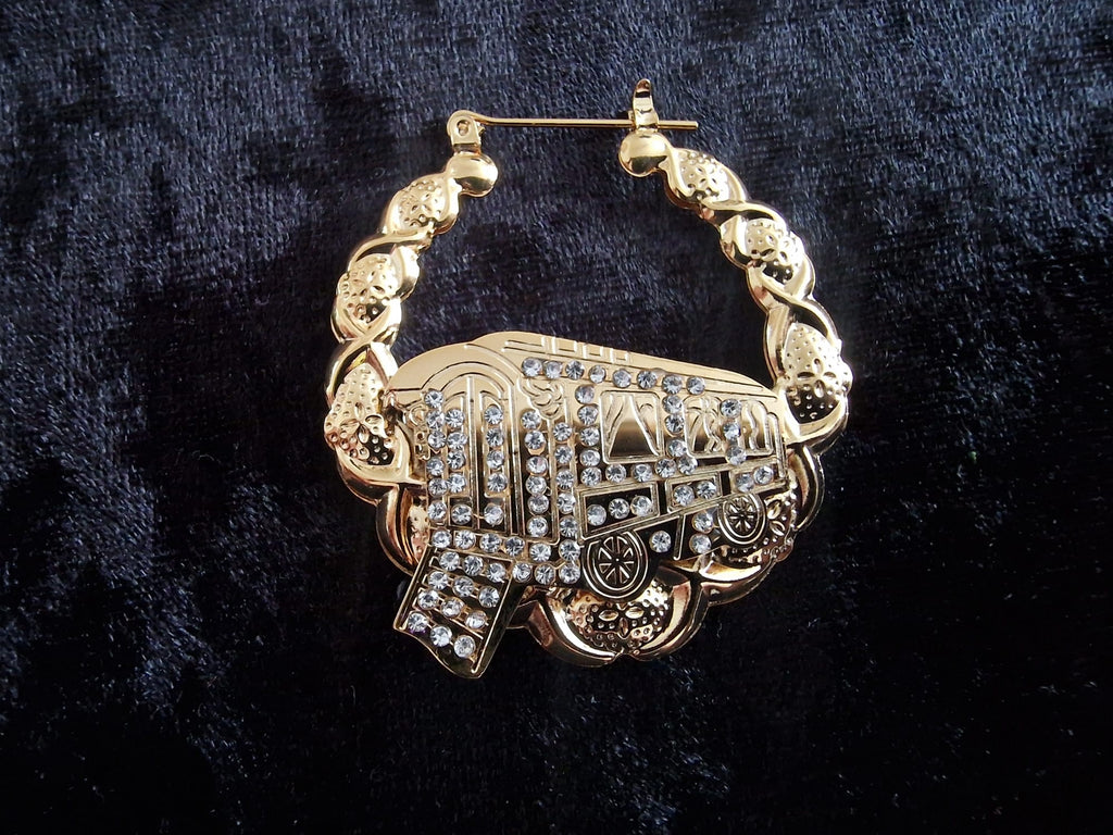 Gold Plated Gypsy Vardo Wagon Earrings – Stone Encrusted Statement Hoops