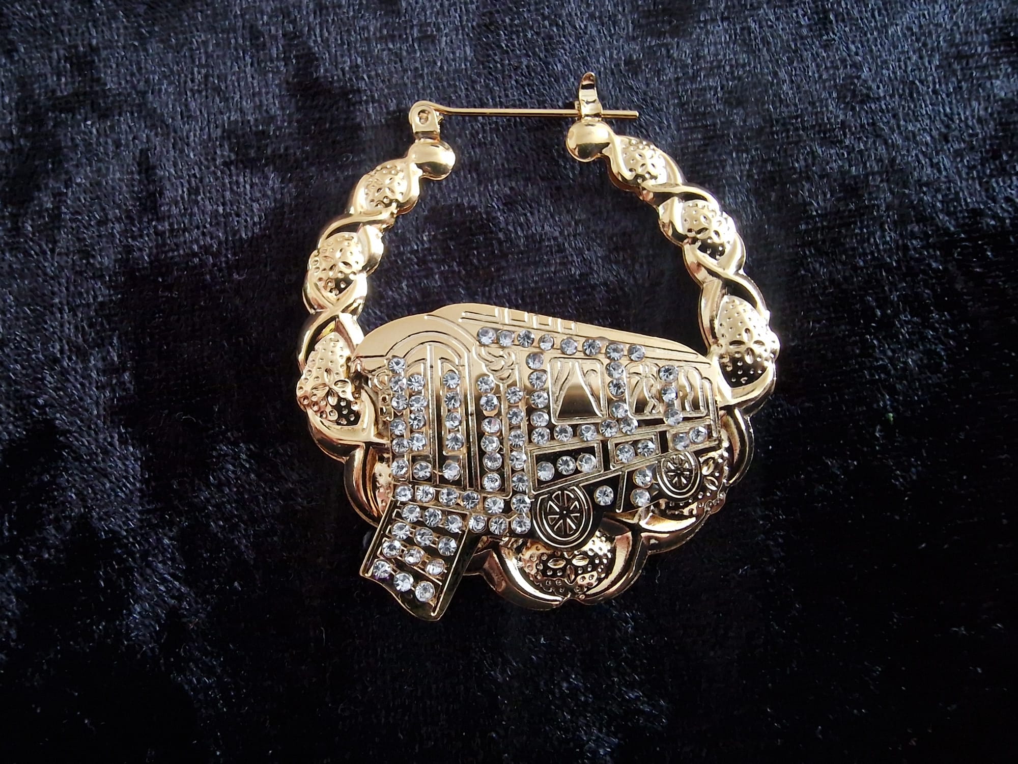 Gold Plated Gypsy Vardo Wagon Earrings – Stone Encrusted Statement Hoops