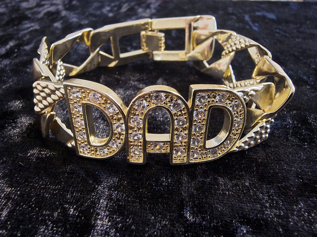 Gold Plated Dad Curb Cuban Bracelet (Dad Pendant Stones Encrusted)