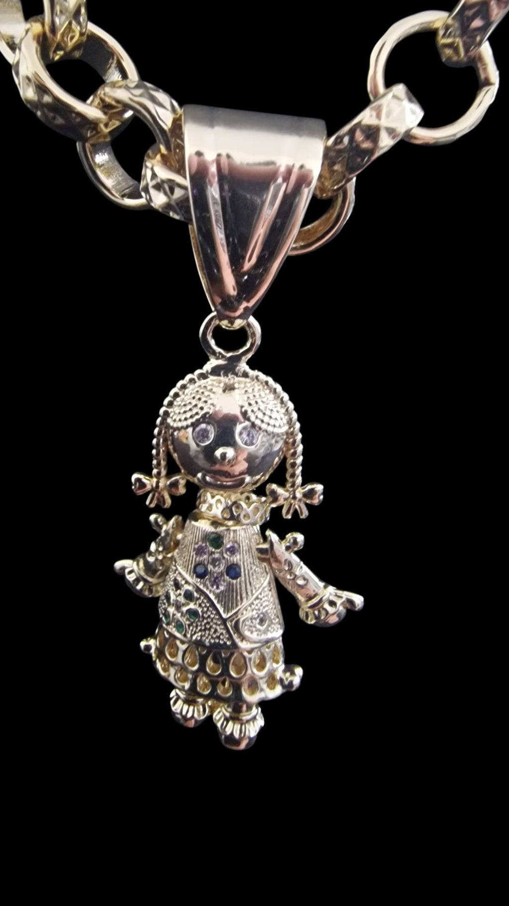24" Gold Plated Belcher Chain & Kids Rag Doll Pendant (9mm)