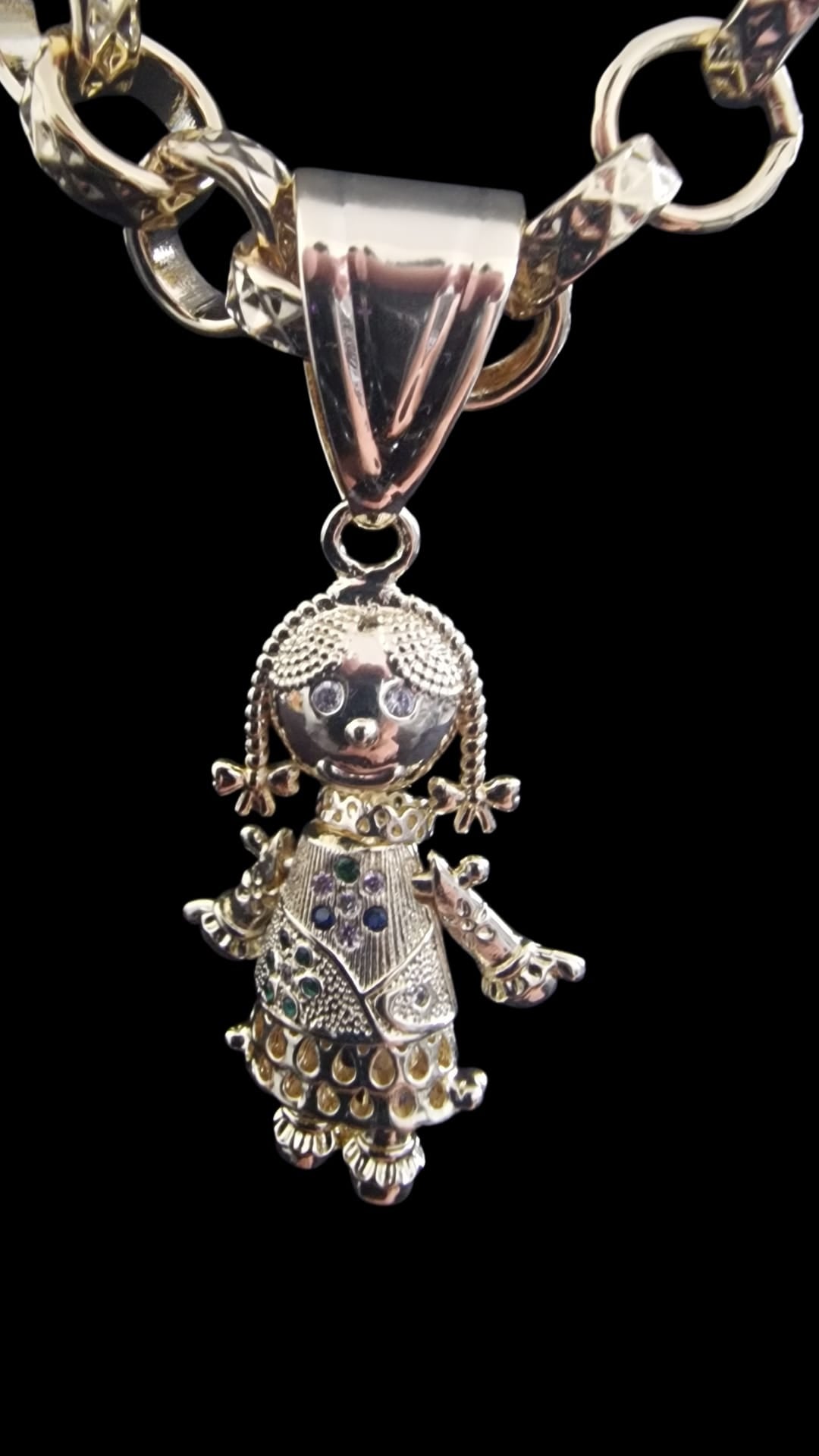 24" Gold Plated Belcher Chain & Kids Rag Doll Pendant (9mm)