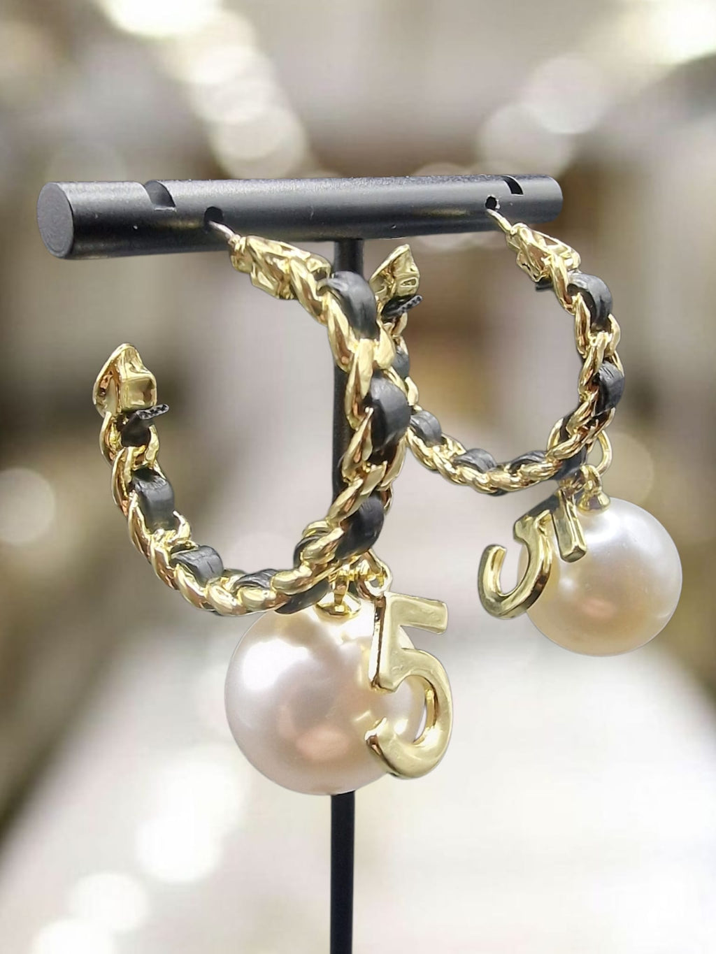 Vintage Number 5 Pearl Ribbon Hoop Earrings Fashion Bling Fashion