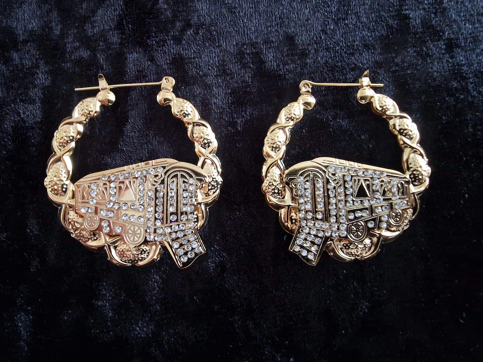 Gold Plated Gypsy Vardo Wagon Earrings – Stone Encrusted Statement Hoops