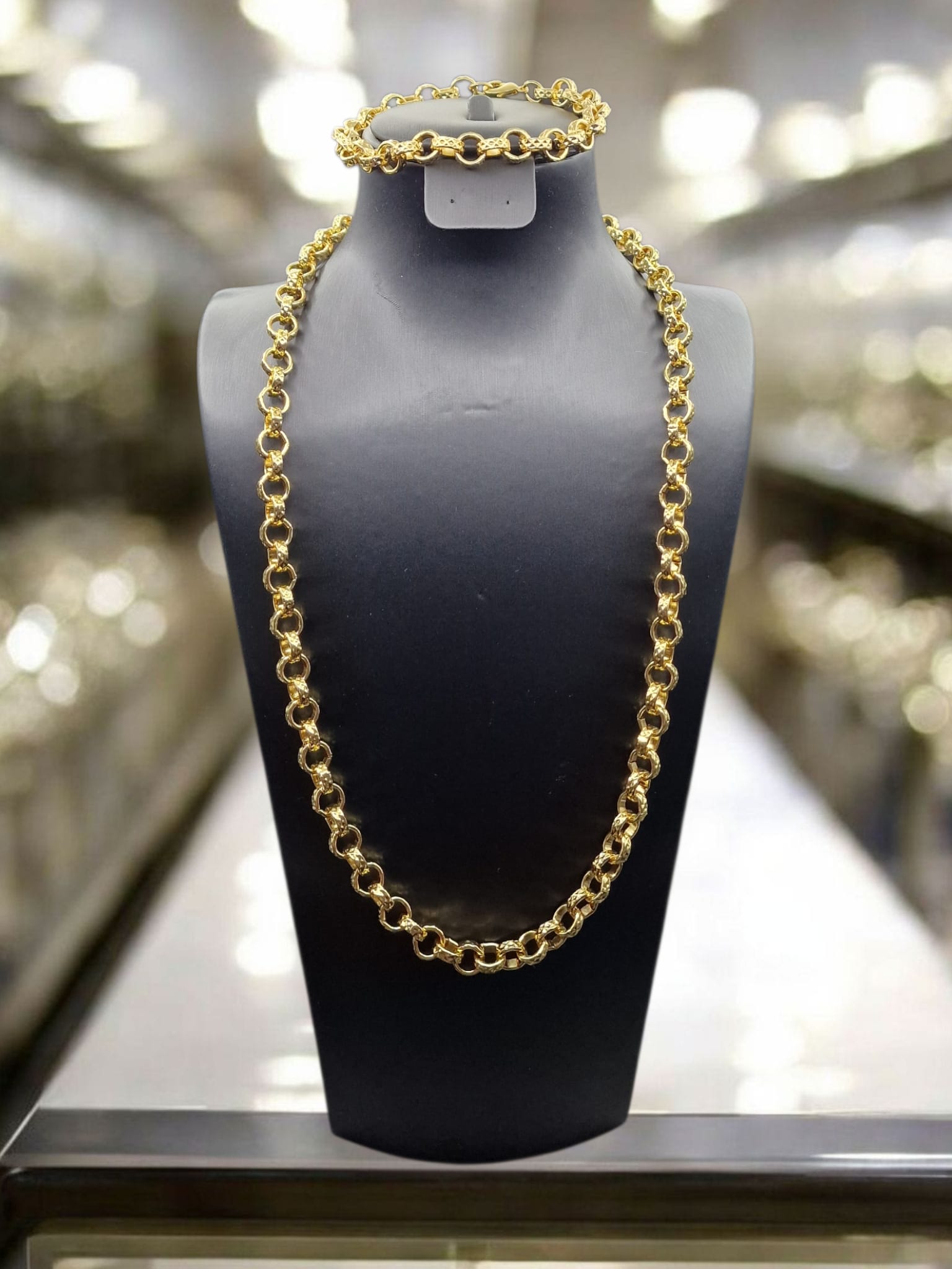 24" (9mm) Gold Plated Belcher Chain &9" Matching Bracelet (Tarnish resistant)