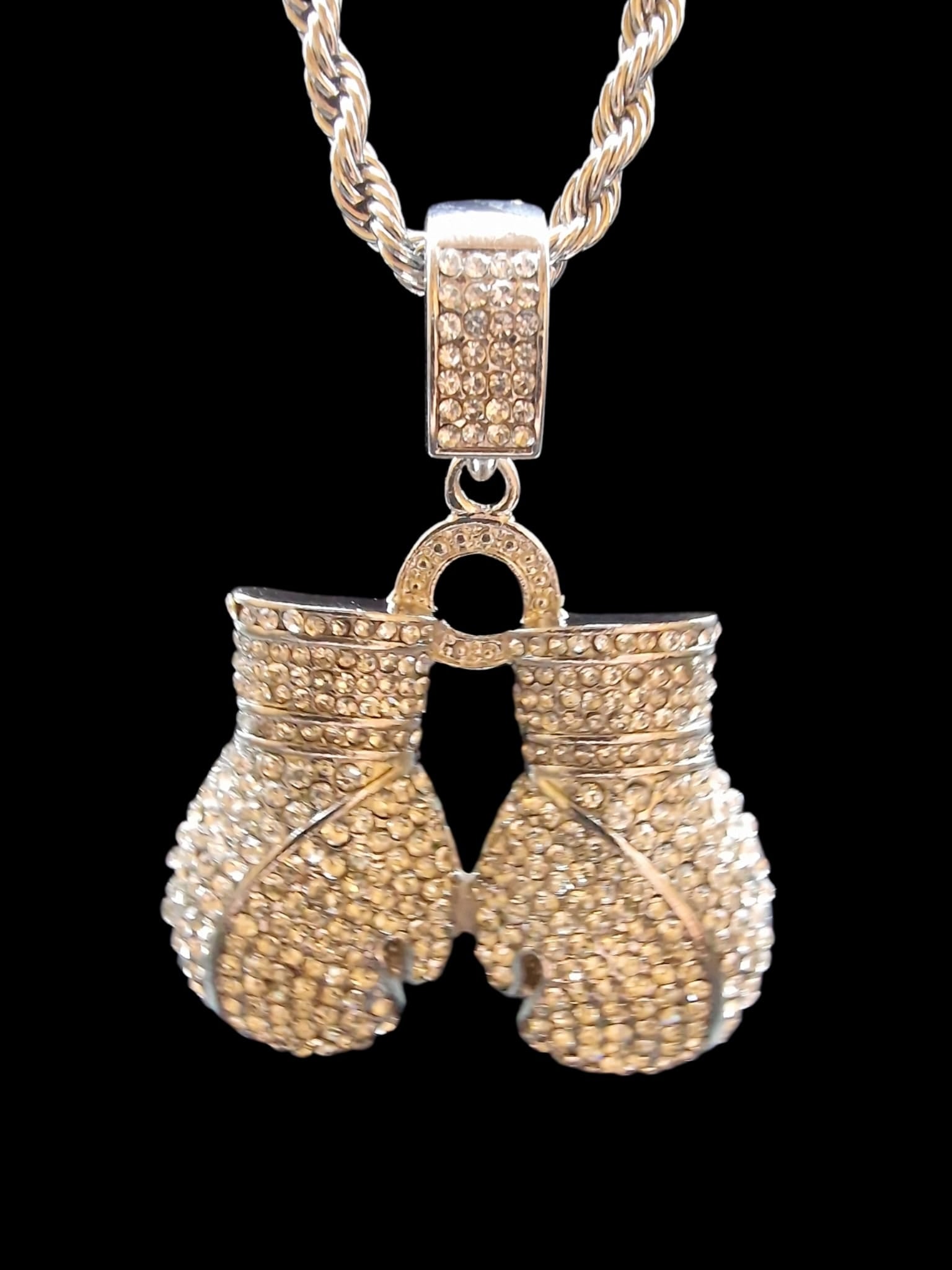 24" (3mm) Silver Plated Rope Chain & Iced Out Boxing Gloves Pendant Romany Bling