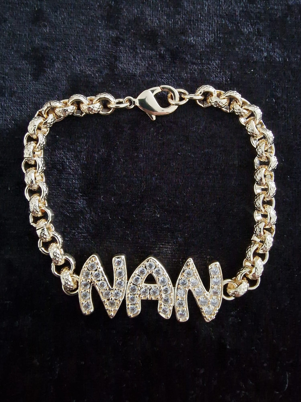 Gold Plated Nan Belcher Bracelet | 8" | 6mm Diamond Cut Links | Iced Nan Motif