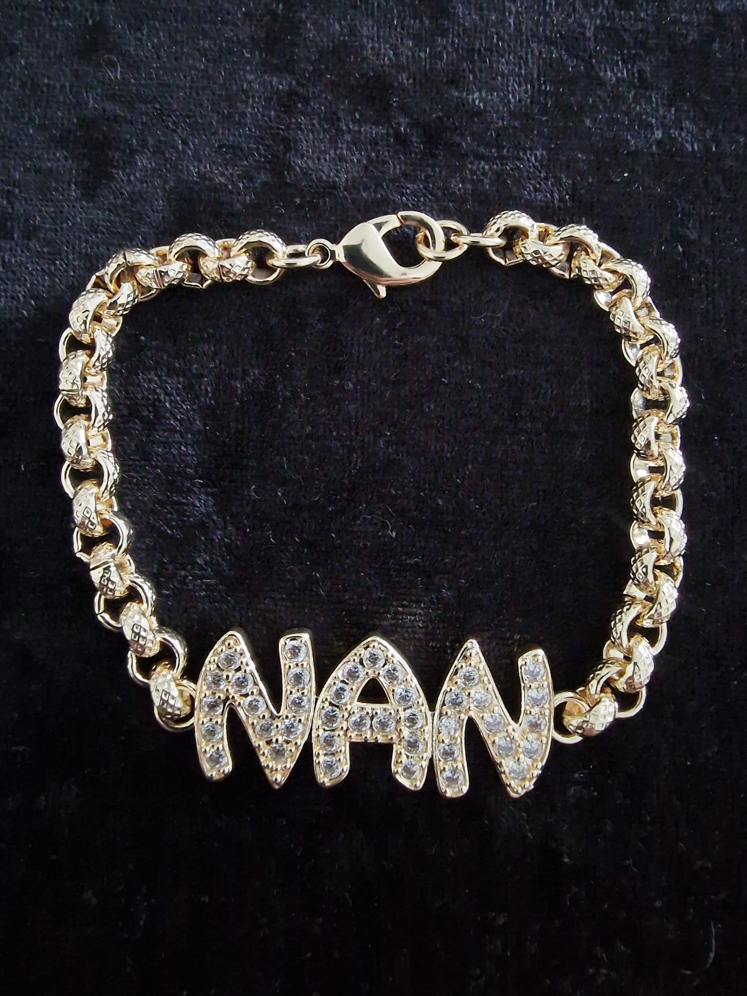 Gold Plated Nan Belcher Bracelet | 8" | 6mm Diamond Cut Links | Iced Nan Motif