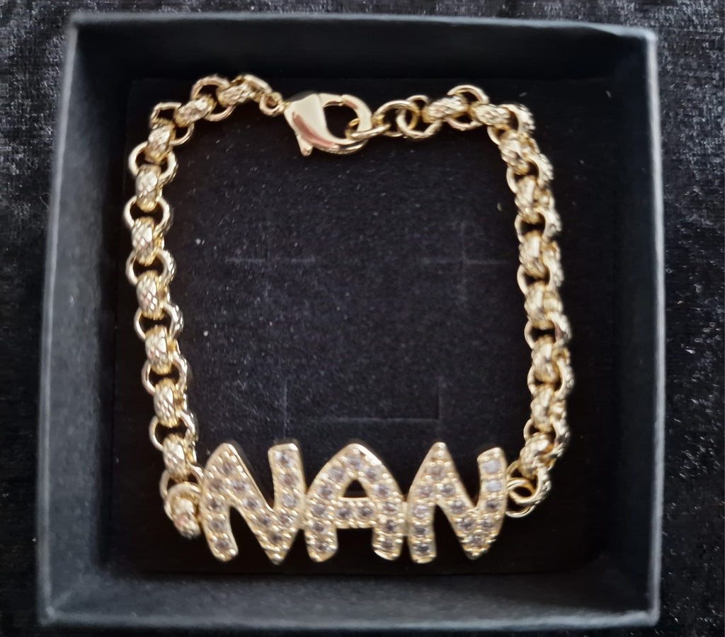 Gold Plated Nan Belcher Bracelet | 8" | 6mm Diamond Cut Links | Iced Nan Motif
