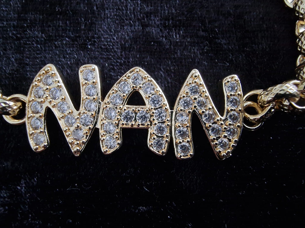 Gold Plated Nan Belcher Bracelet | 8" | 6mm Diamond Cut Links | Iced Nan Motif