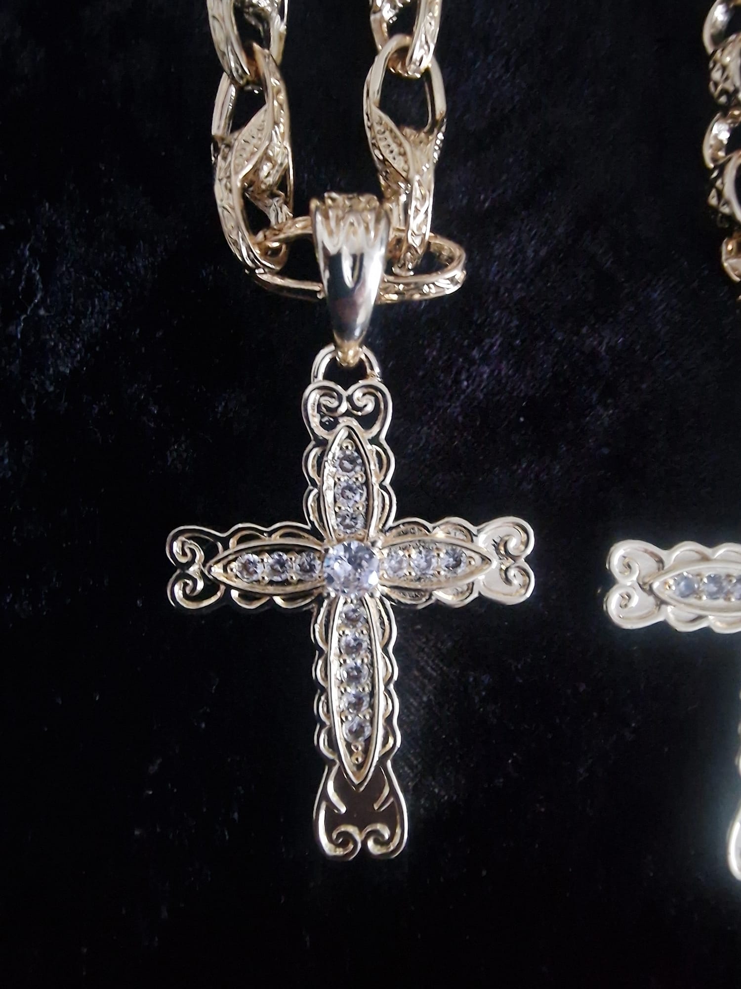 Scalloped Iced Out Cross & 24" Gold Plated Chain Set
