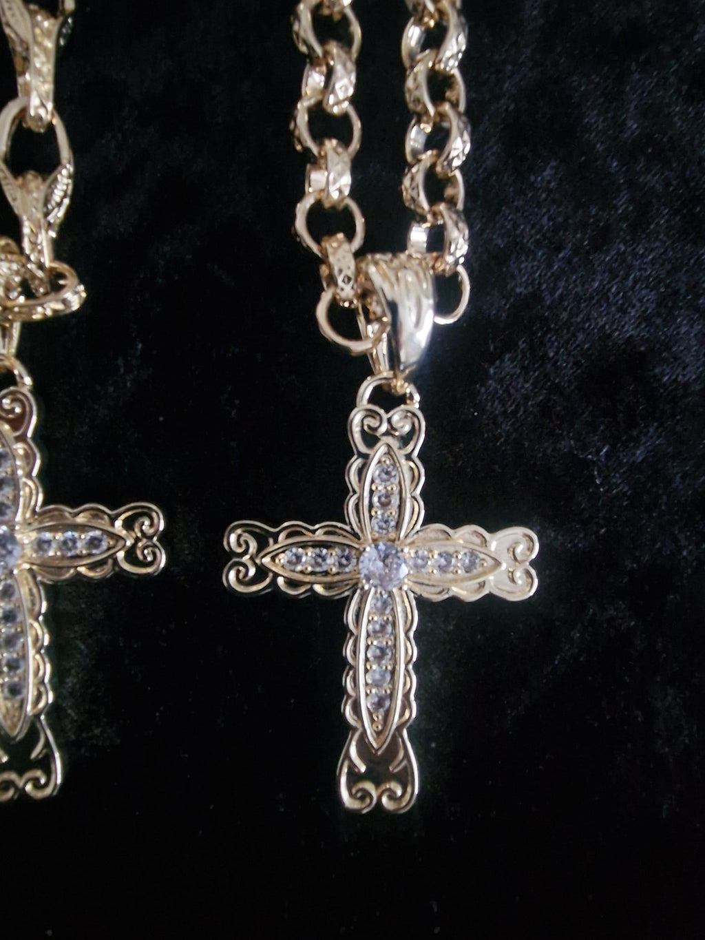 Scalloped Iced Out Cross & 24" Gold Plated Chain Set