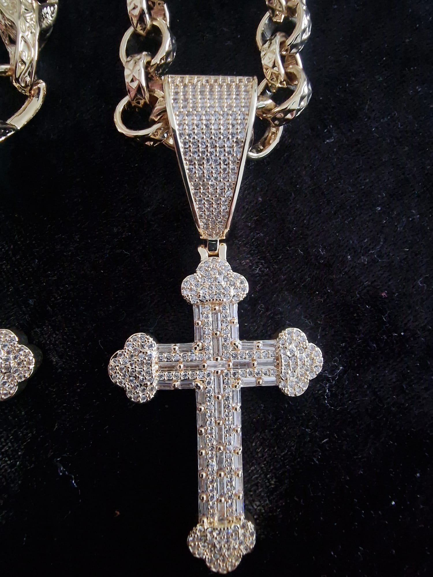 Fully Iced Out Cross Pendant & 24" Gold Plated Chain Set