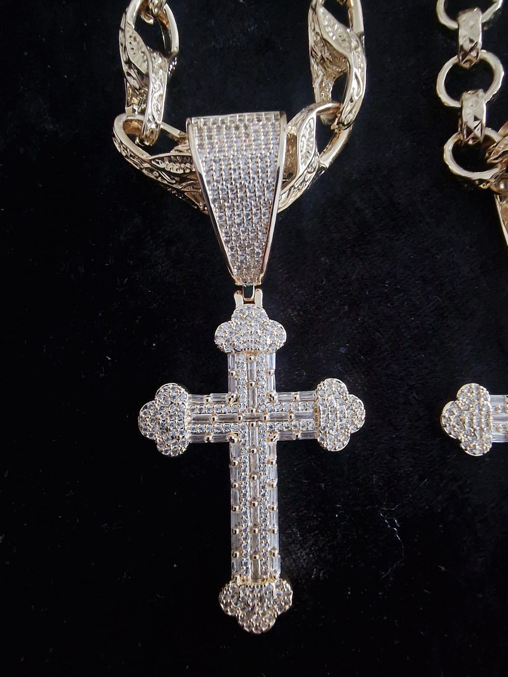 Fully Iced Out Cross Pendant & 24" Gold Plated Chain Set