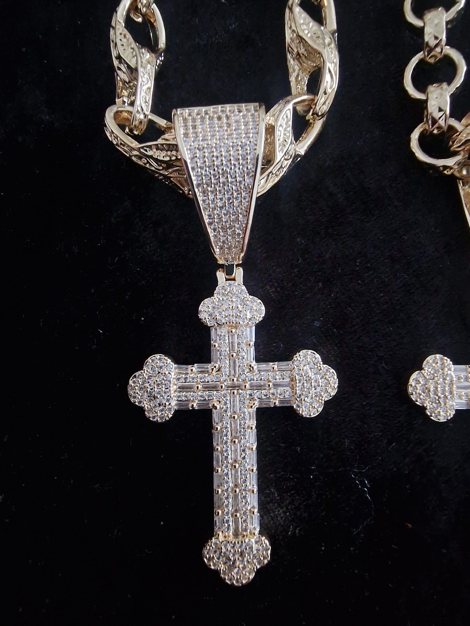 Fully Iced Out Cross Pendant & 24" Gold Plated Chain Set
