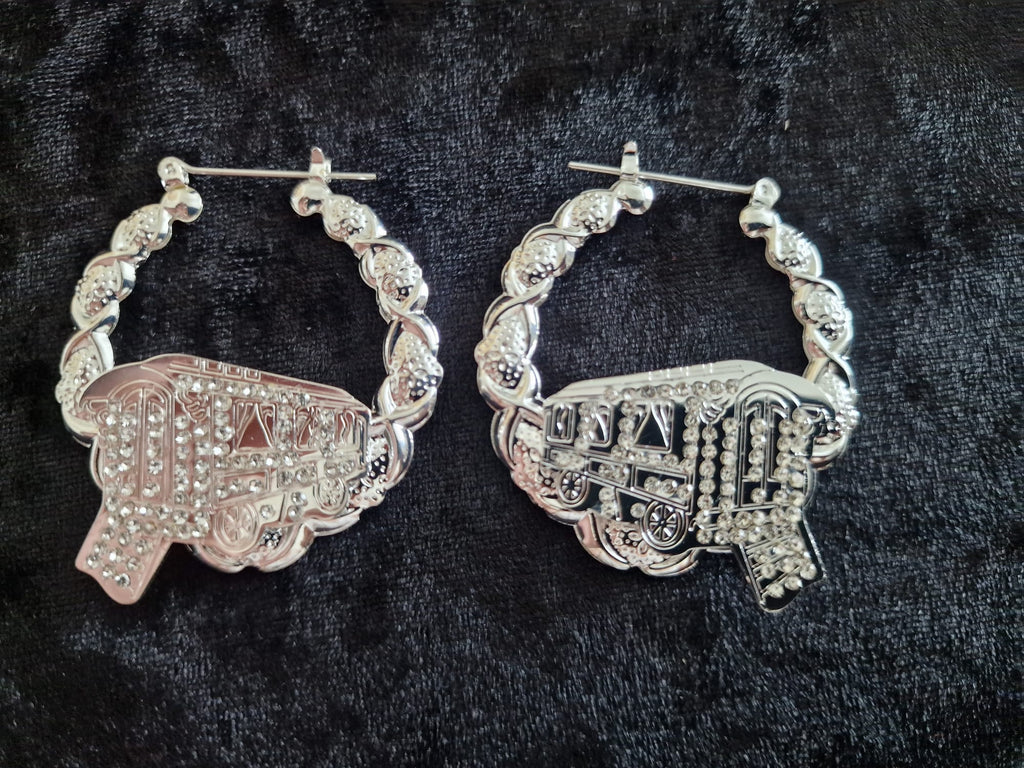 Silver-Plated Gypsy Wagon Earrings, vardo wagon, stones encrusted