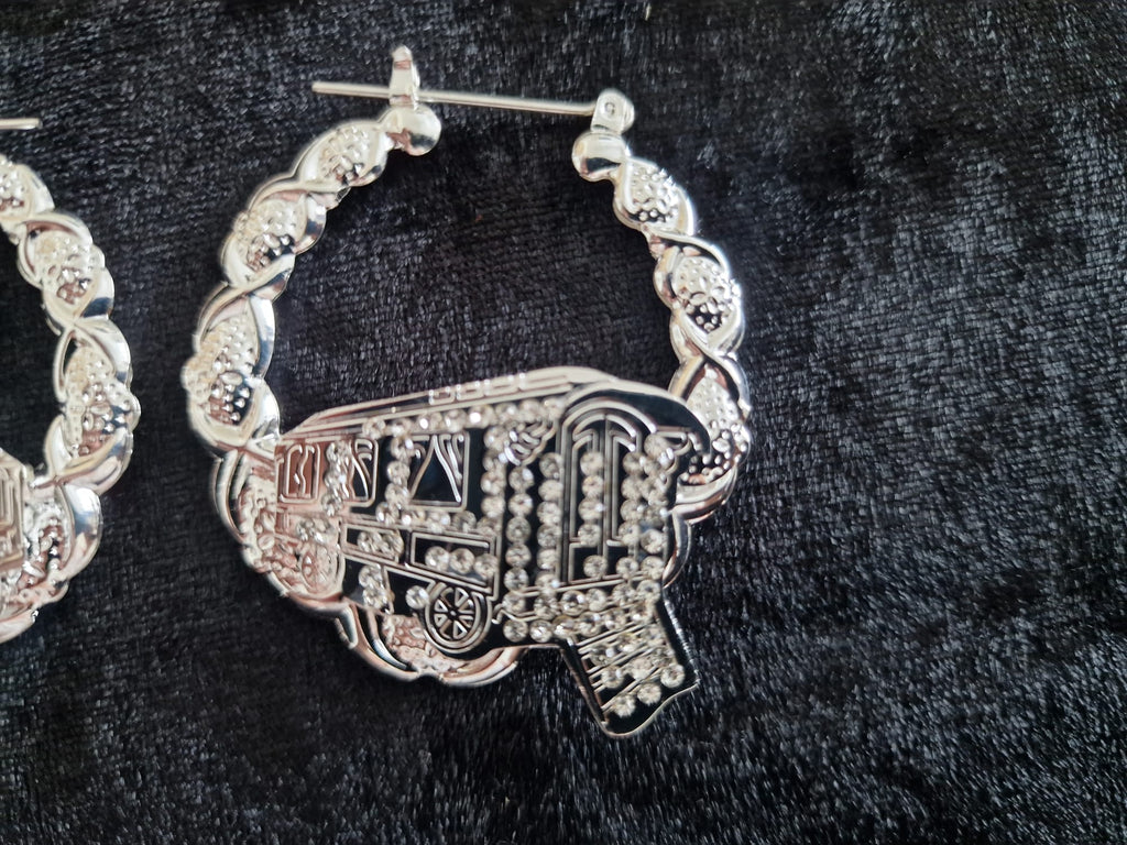Silver-Plated Gypsy Wagon Earrings, vardo wagon, stones encrusted