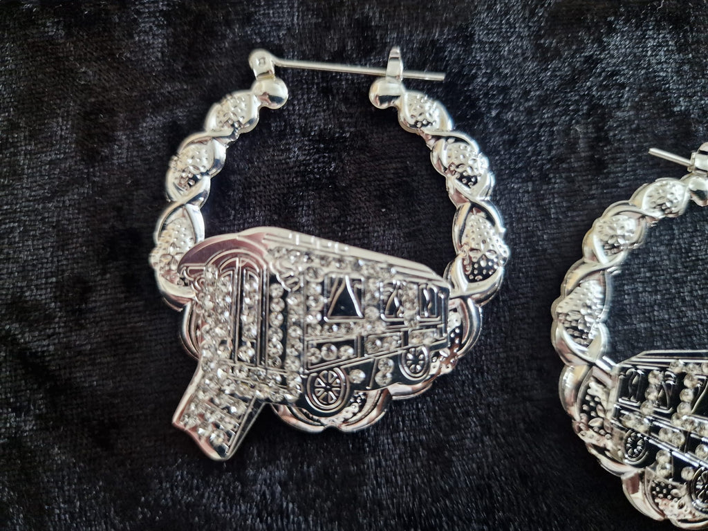 Silver-Plated Gypsy Wagon Earrings, vardo wagon, stones encrusted