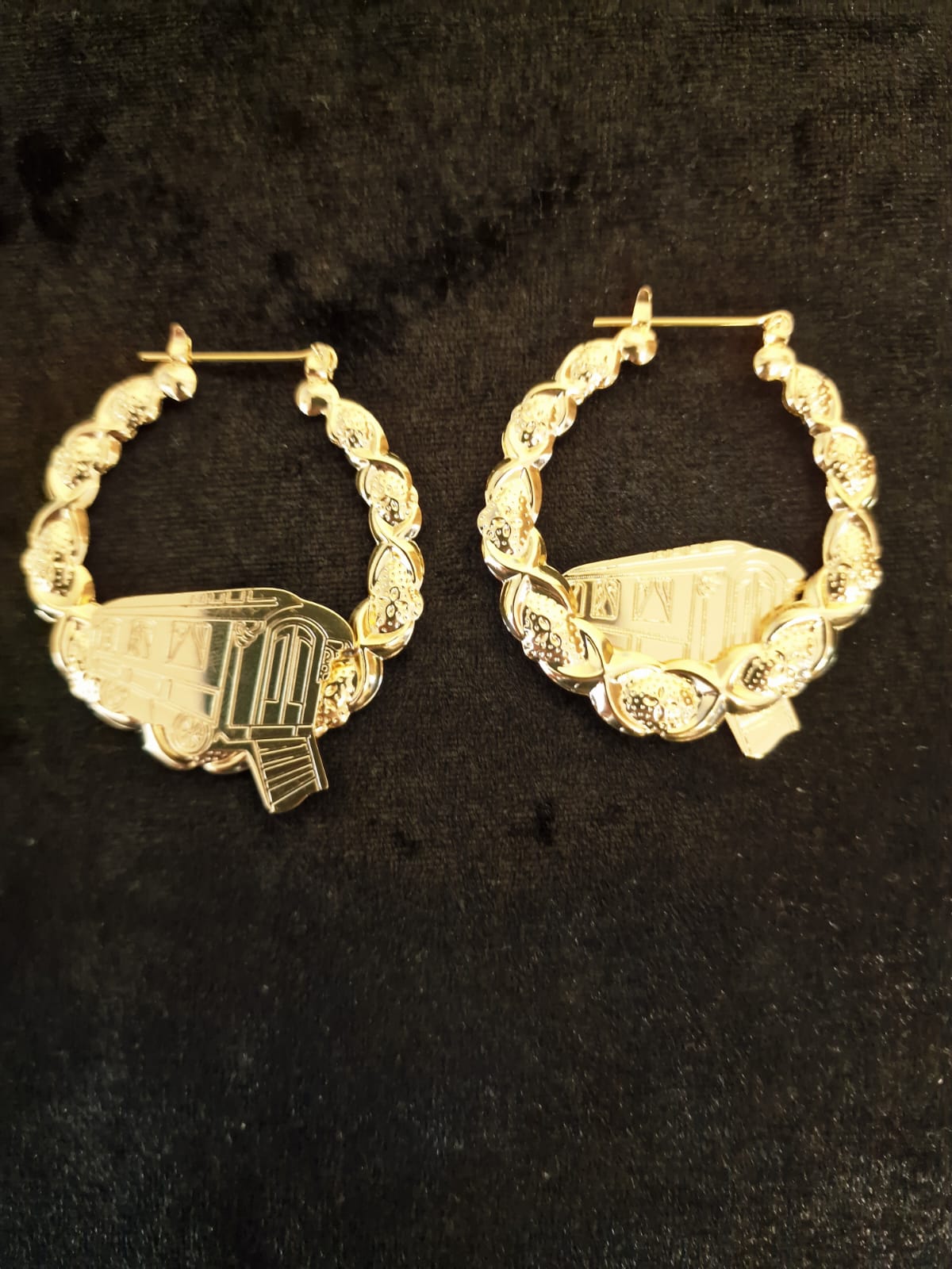 14k yellow gold plated hoop gypsy wagon earrings, vardo 45mm