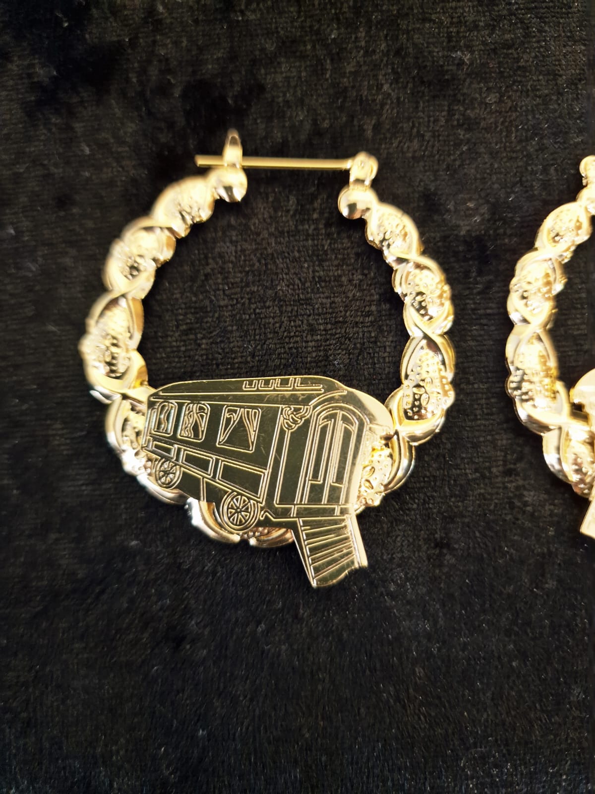 14k yellow gold plated hoop gypsy wagon earrings, vardo 45mm