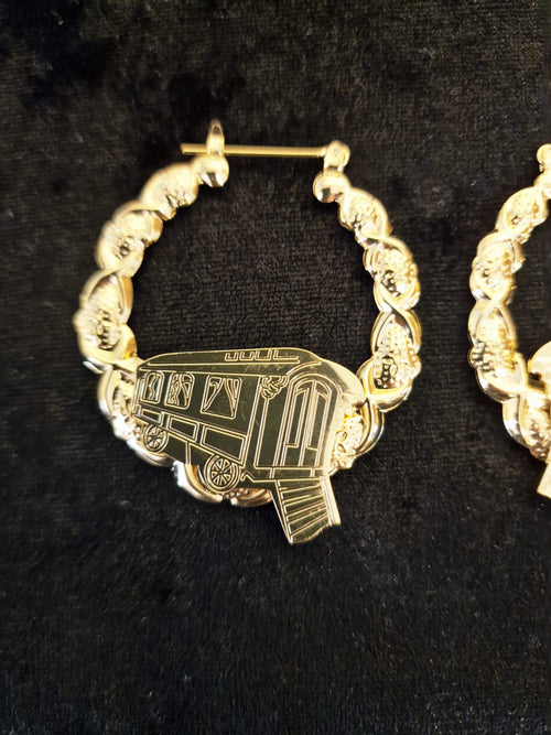14k yellow gold plated hoop gypsy wagon earrings, vardo 45mm