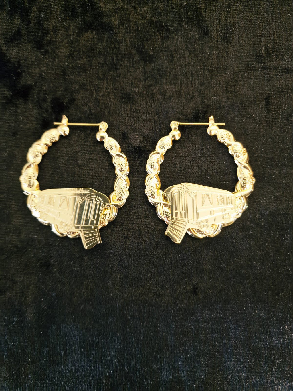 14k yellow gold plated hoop gypsy wagon earrings, vardo 45mm