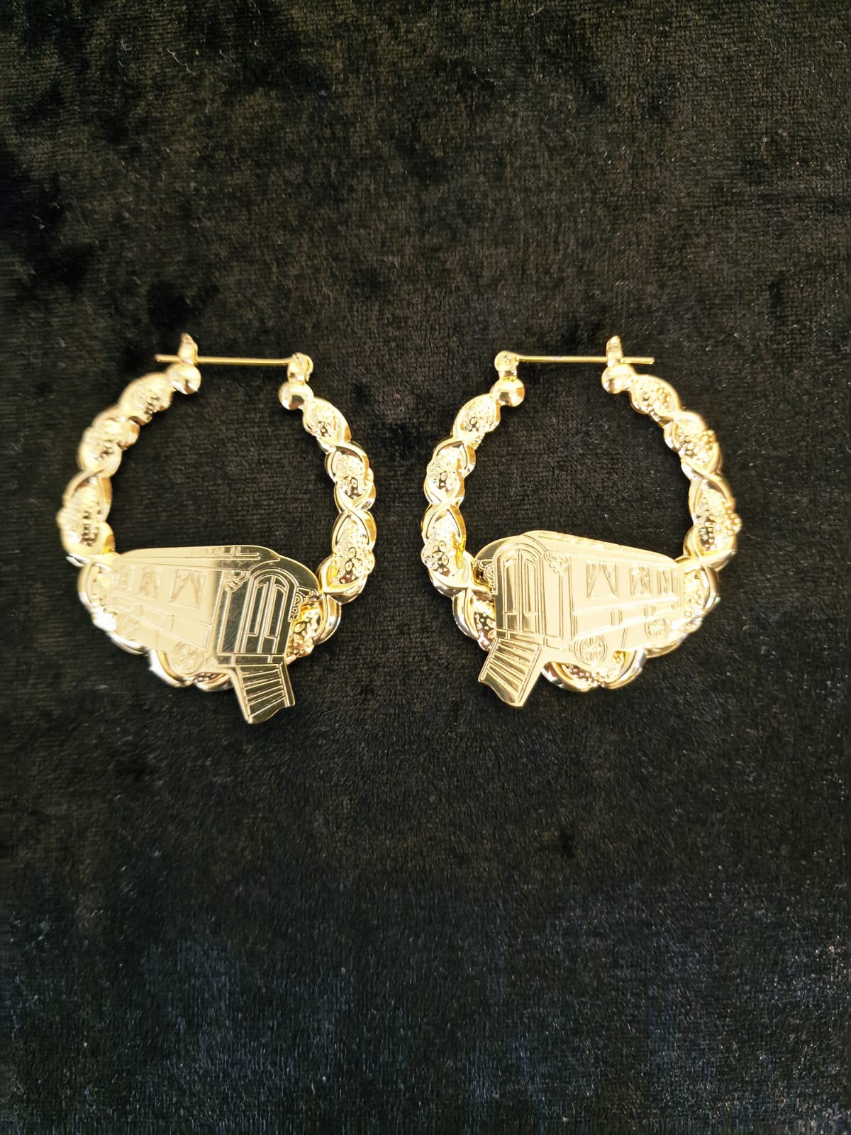 14k yellow gold plated hoop gypsy wagon earrings, vardo 45mm