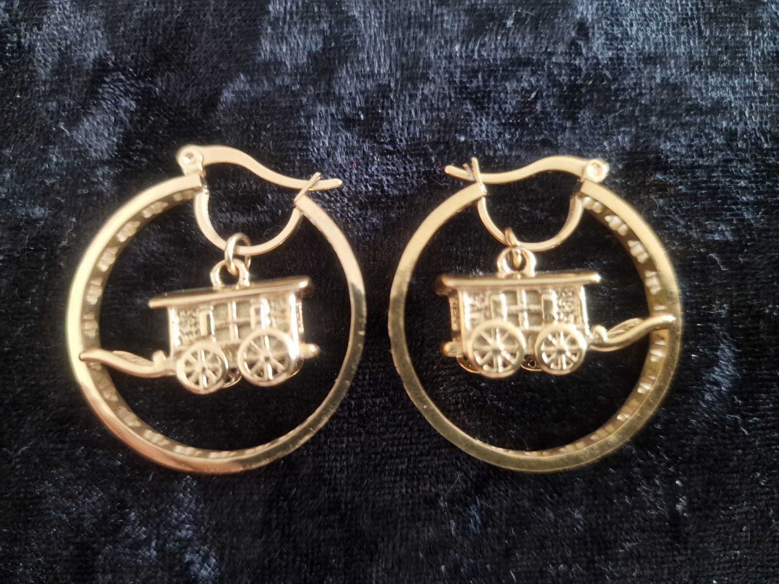 30mm Gold Plated Hoop Earrings with 3D Gypsy Wagon Pendant