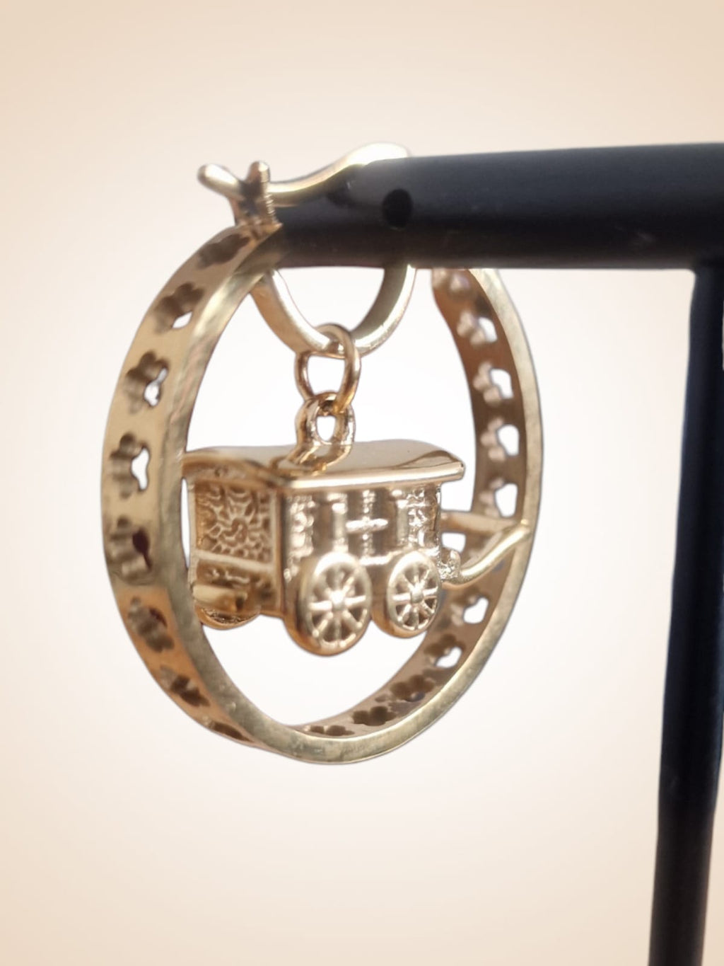 30mm Gold Plated Hoop Earrings with 3D Gypsy Wagon Pendant
