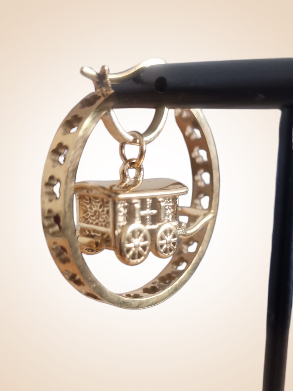 30mm Gold Plated Hoop Earrings with 3D Gypsy Wagon Pendant