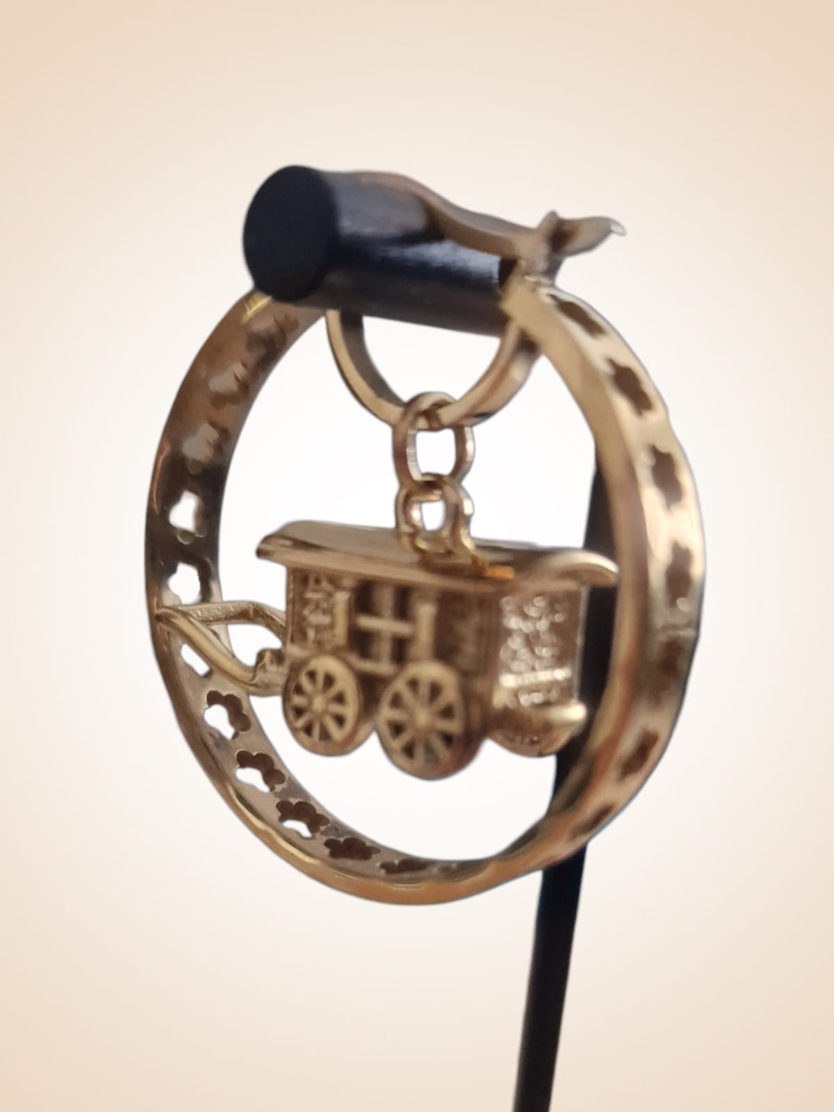 30mm Gold Plated Hoop Earrings with 3D Gypsy Wagon Pendant