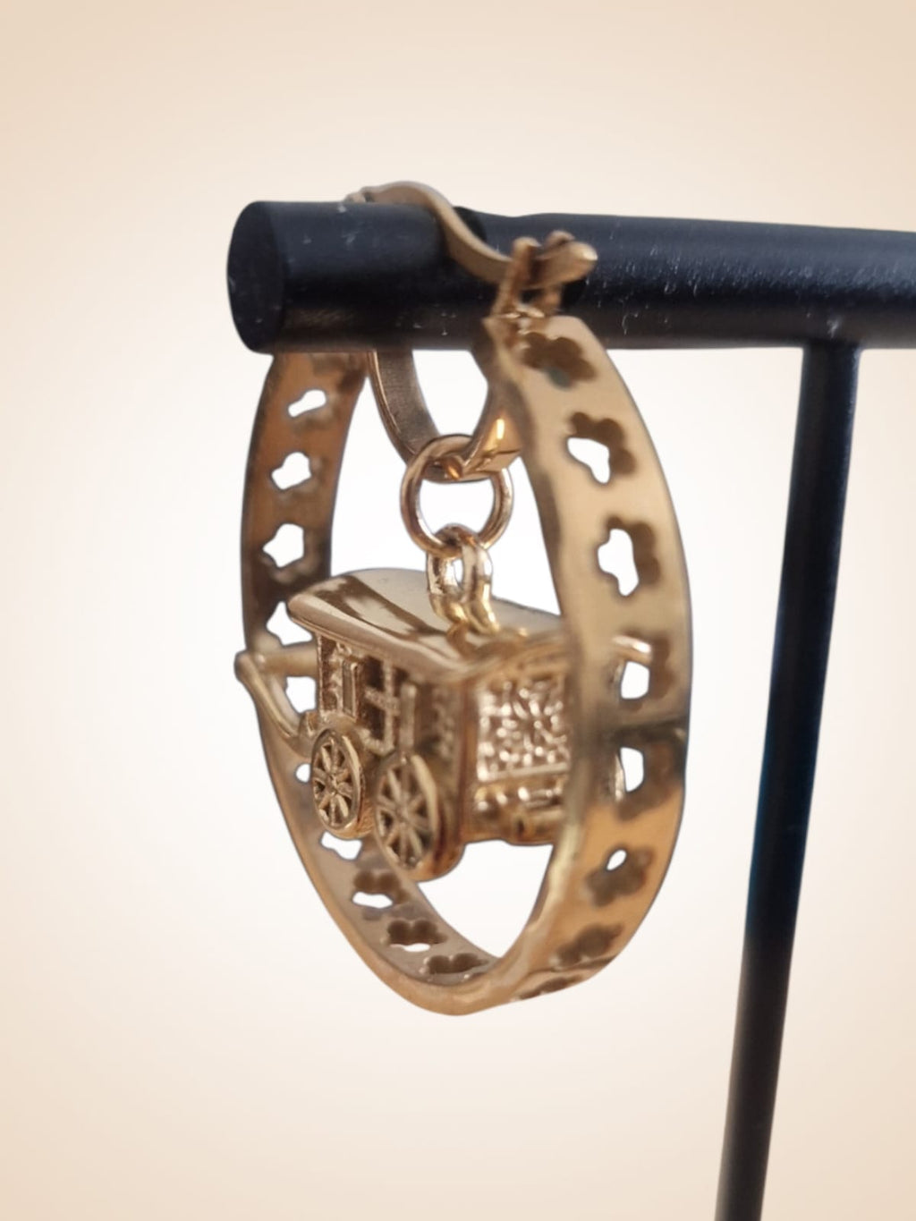 30mm Gold Plated Hoop Earrings with 3D Gypsy Wagon Pendant