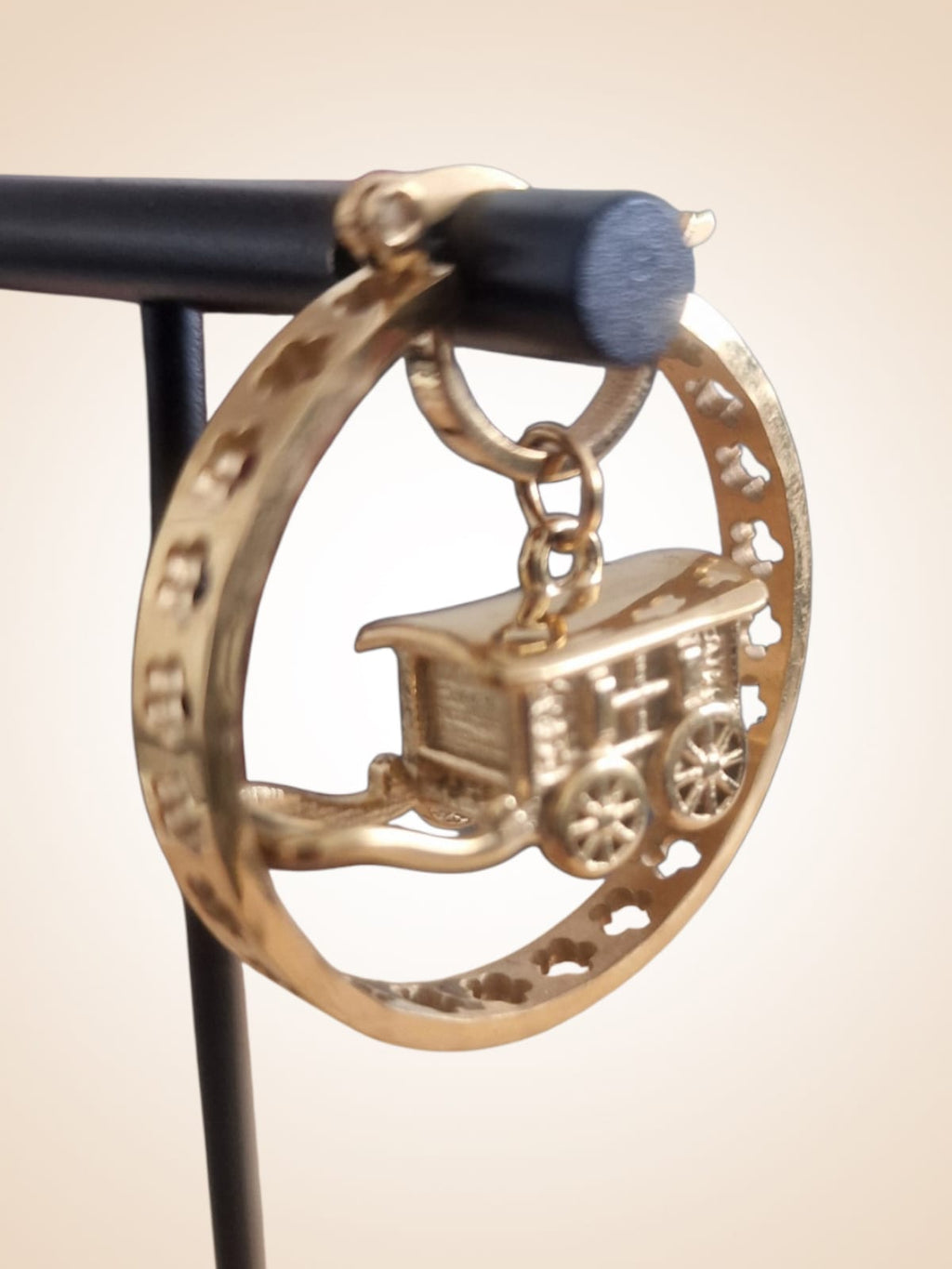 30mm Gold Plated Hoop Earrings with 3D Gypsy Wagon Pendant