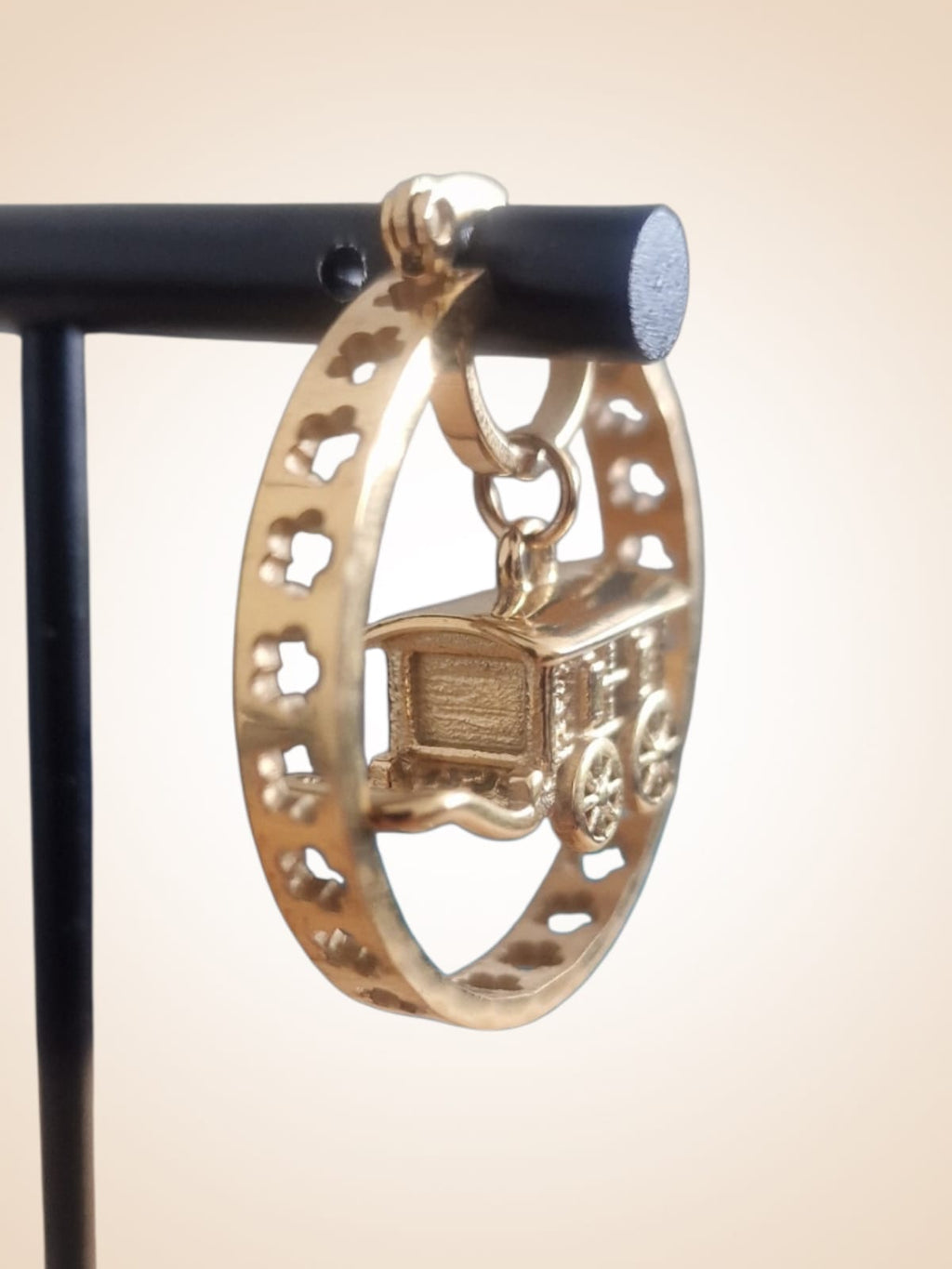 30mm Gold Plated Hoop Earrings with 3D Gypsy Wagon Pendant