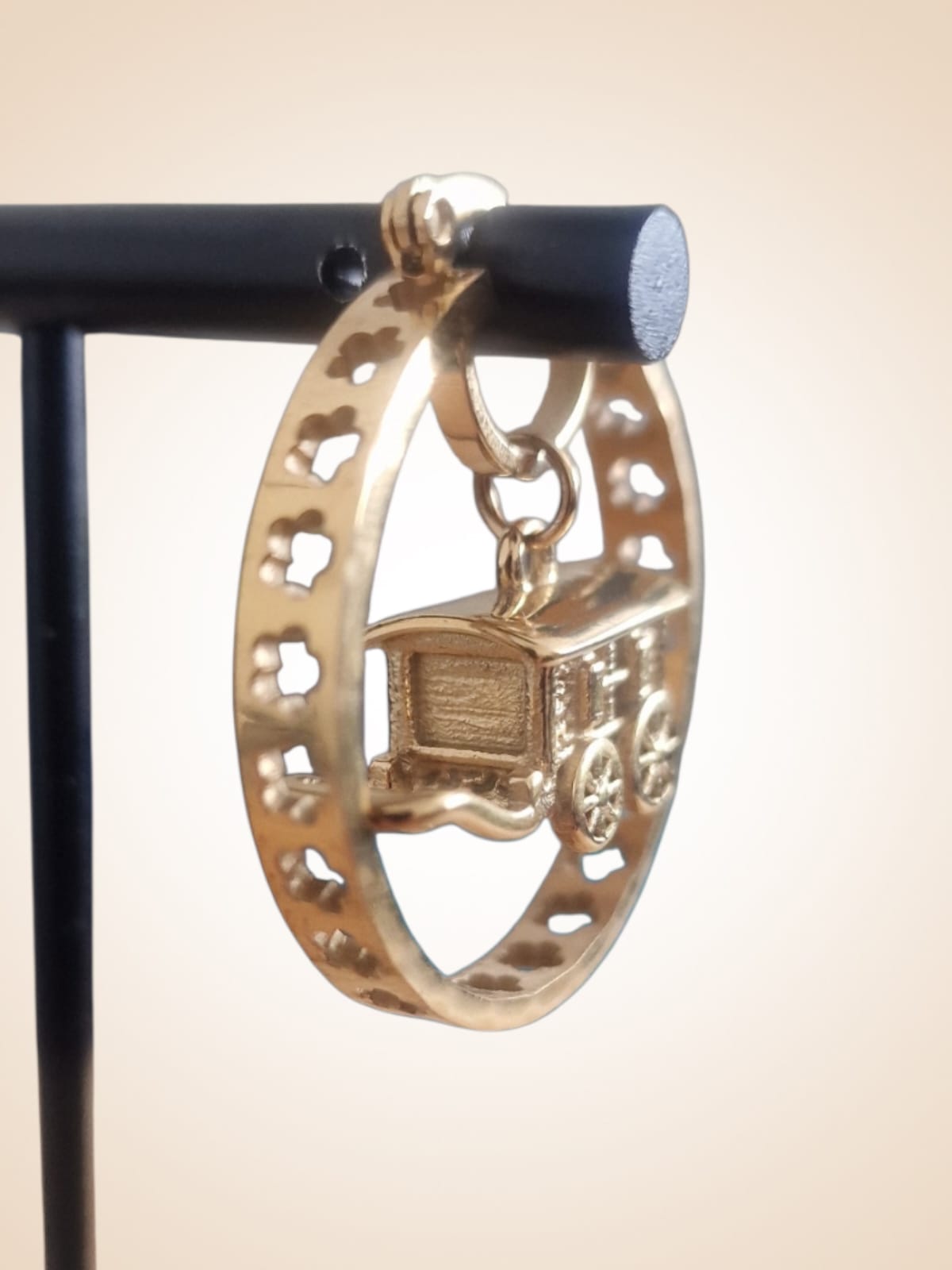 30mm Gold Plated Hoop Earrings with 3D Gypsy Wagon Pendant