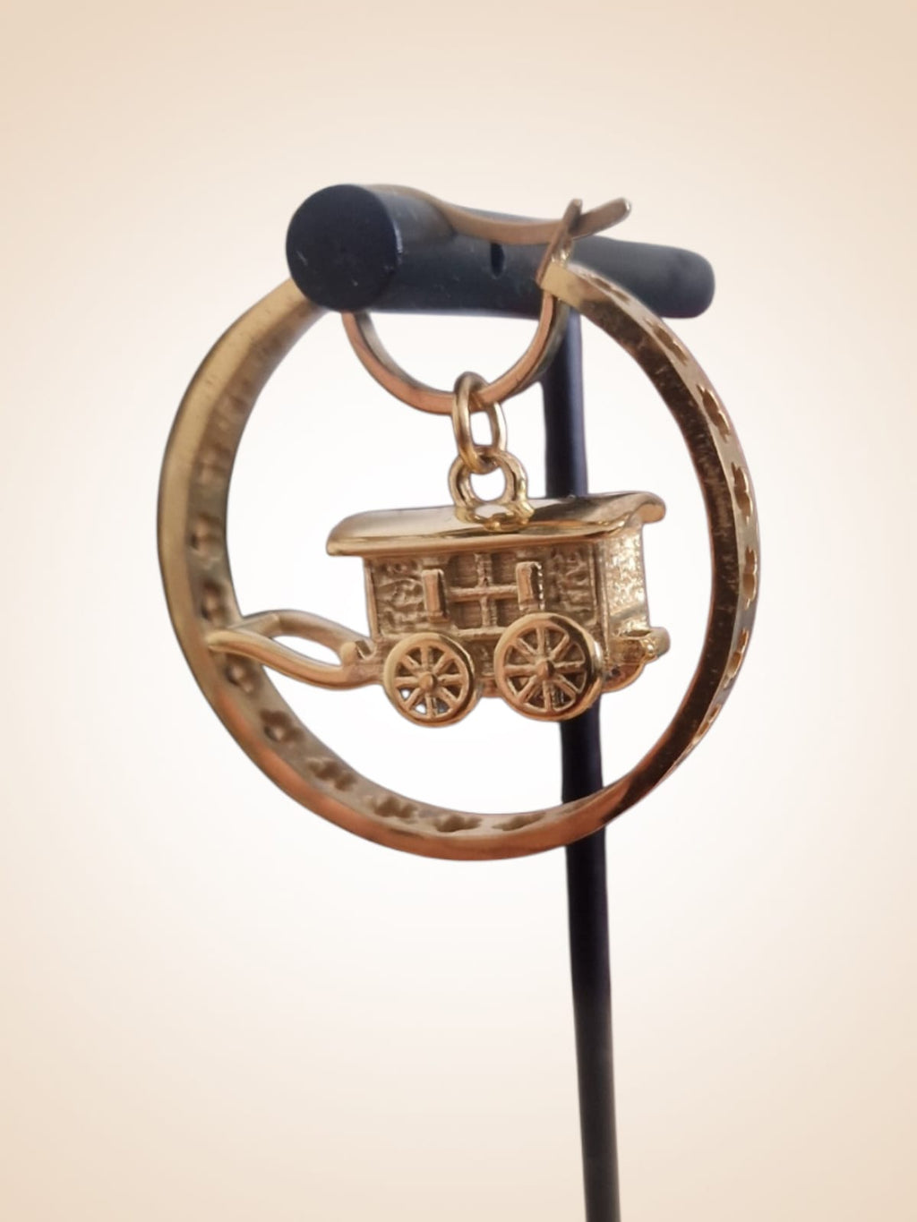 30mm Gold Plated Hoop Earrings with 3D Gypsy Wagon Pendant