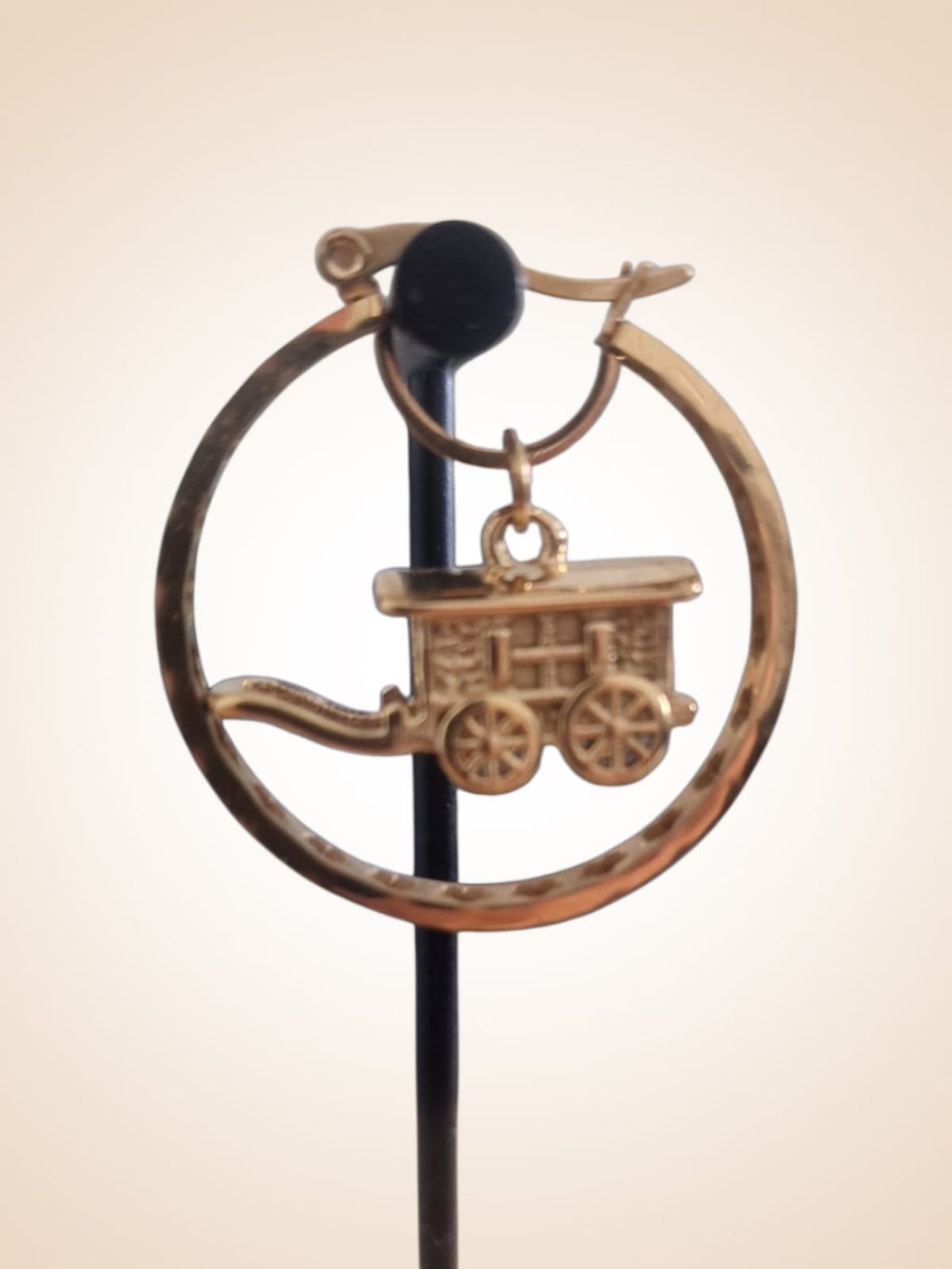 30mm Gold Plated Hoop Earrings with 3D Gypsy Wagon Pendant