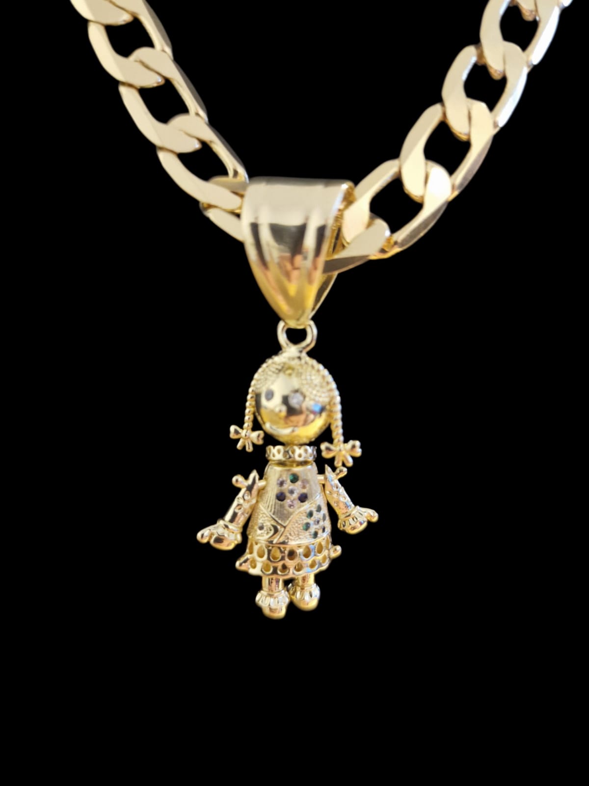 Gold Plated Curb Chain & Kids Rag Doll Pendant – 5mm / 8mm
