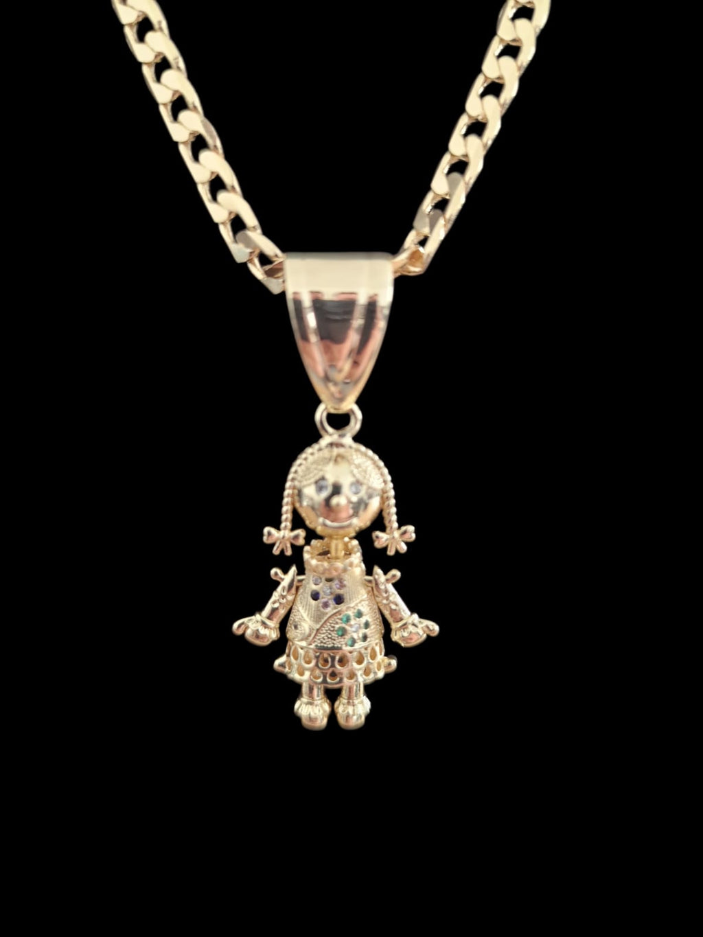 Gold Plated Curb Chain & Kids Rag Doll Pendant – 5mm / 8mm