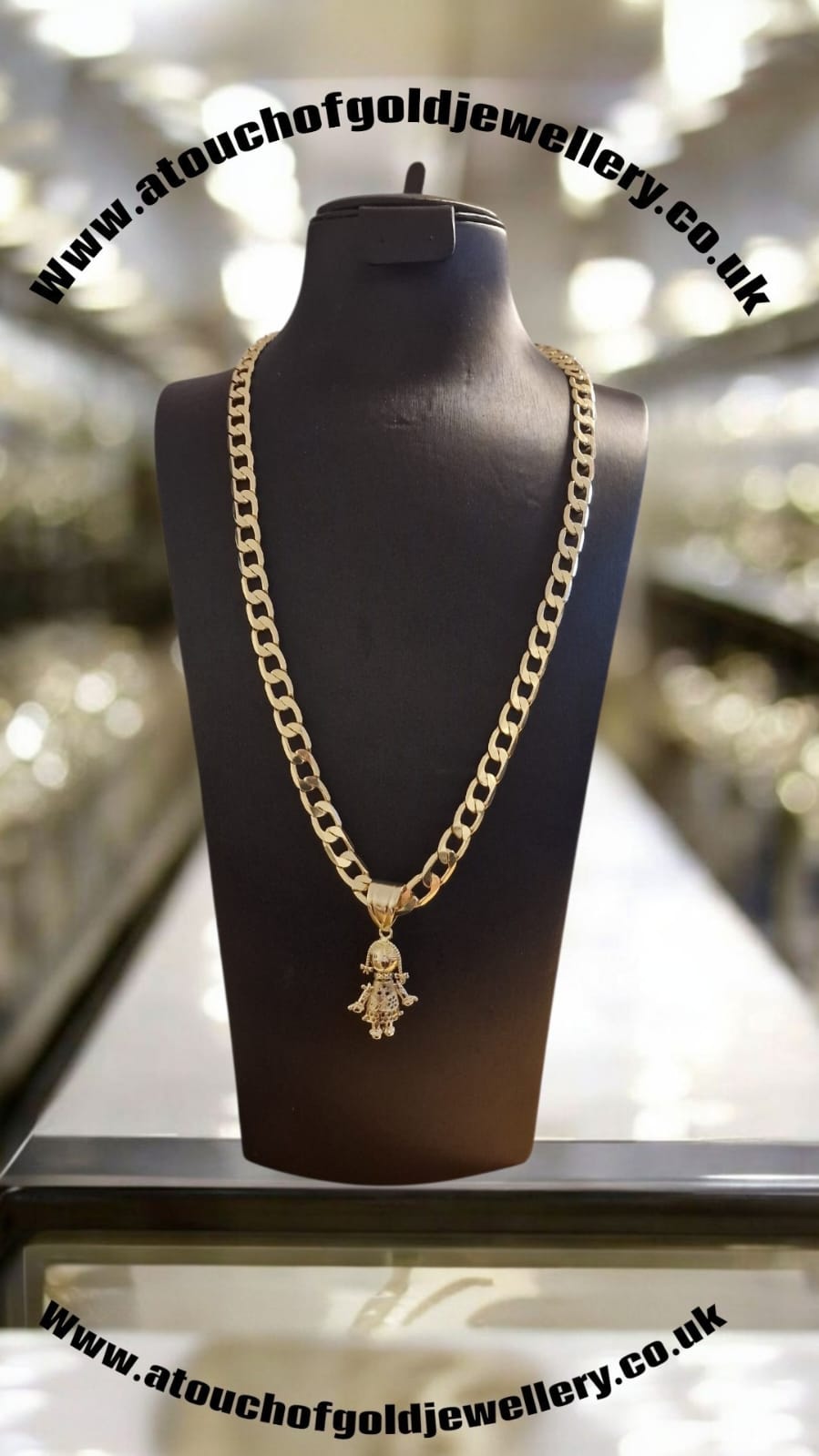 Gold Plated Curb Chain & Kids Rag Doll Pendant – 5mm / 8mm