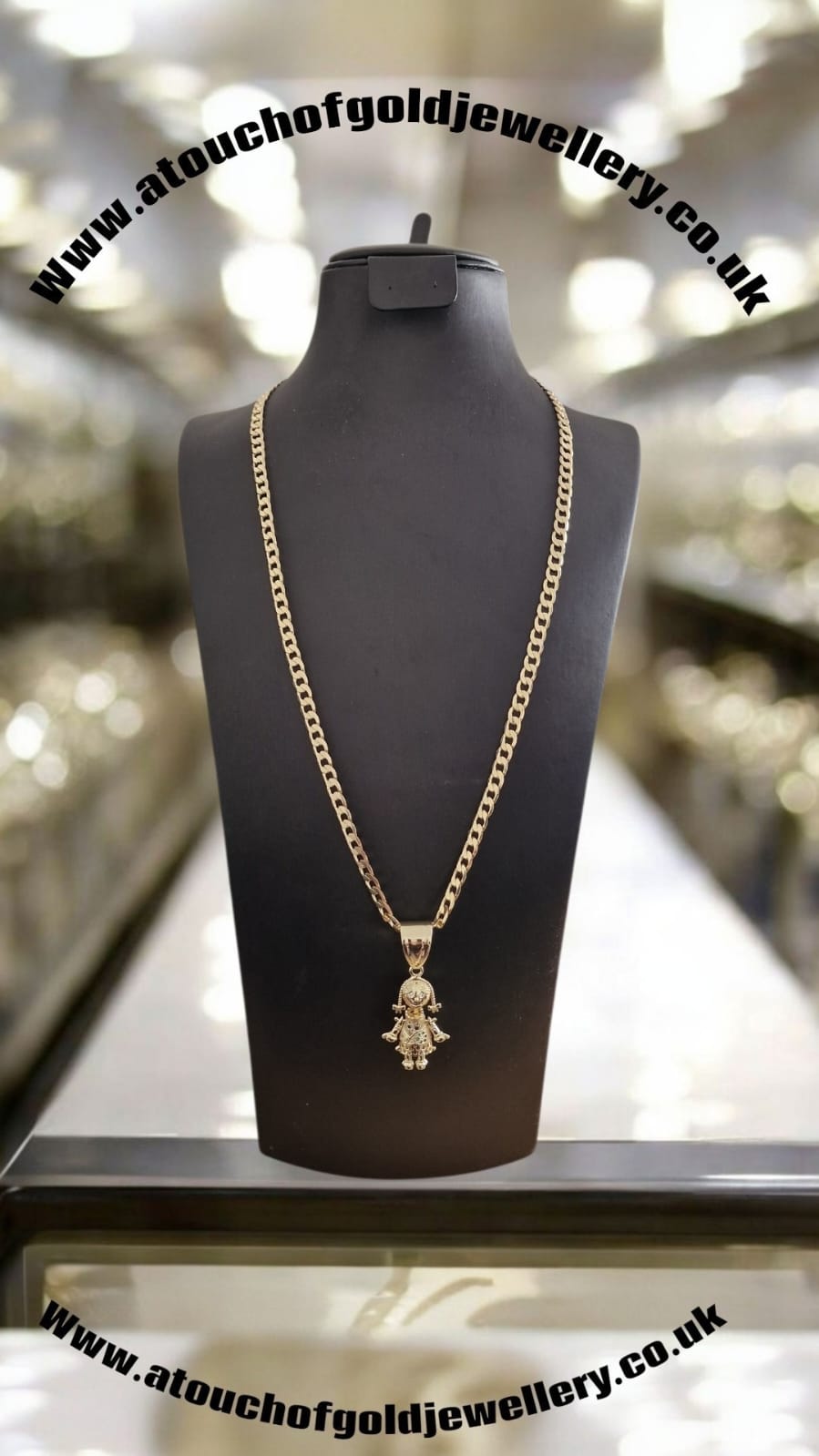 Gold Plated Curb Chain & Kids Rag Doll Pendant – 5mm / 8mm
