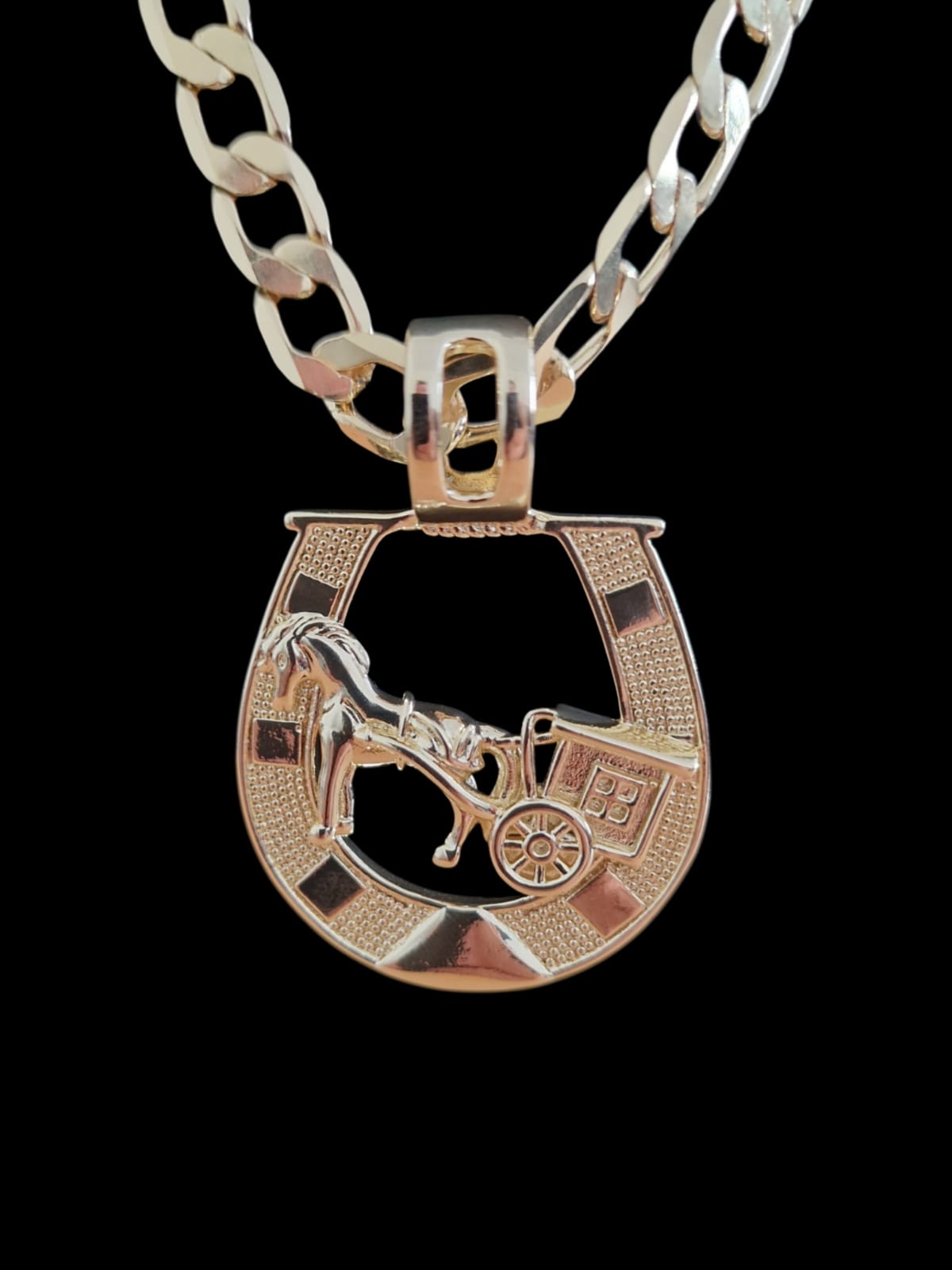 24" Gold Plated Curb Chain Necklace with Horseshoe & Horse and Cart Pendant – Choose Your Width