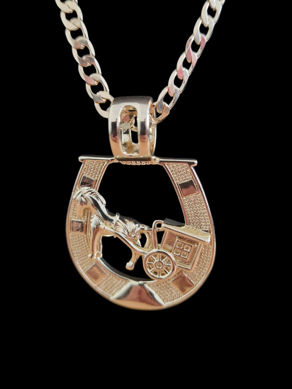 24" Gold Plated Curb Chain Necklace with Horseshoe & Horse and Cart Pendant – Choose Your Width