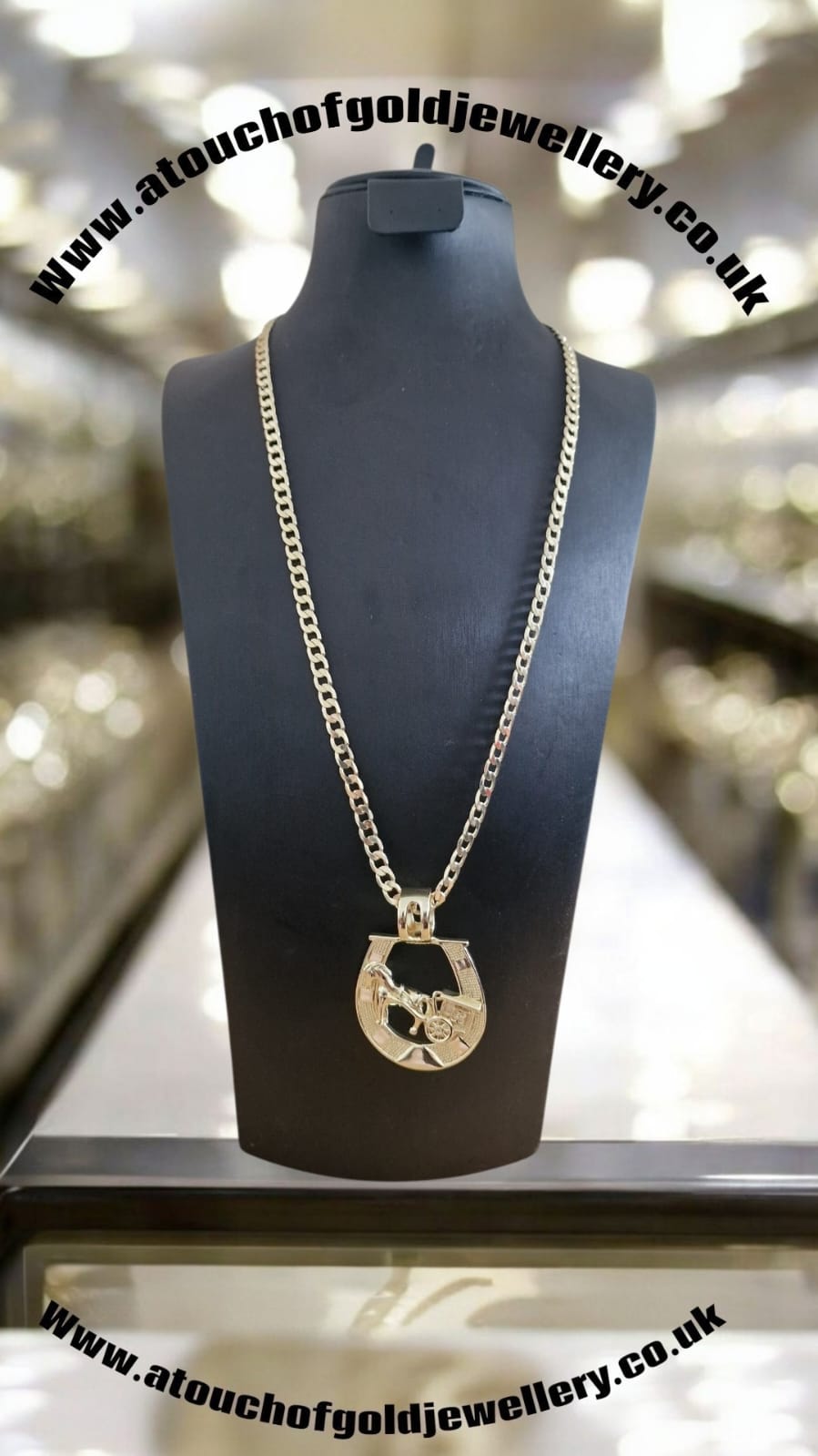 24" Gold Plated Curb Chain Necklace with Horseshoe & Horse and Cart Pendant – Choose Your Width