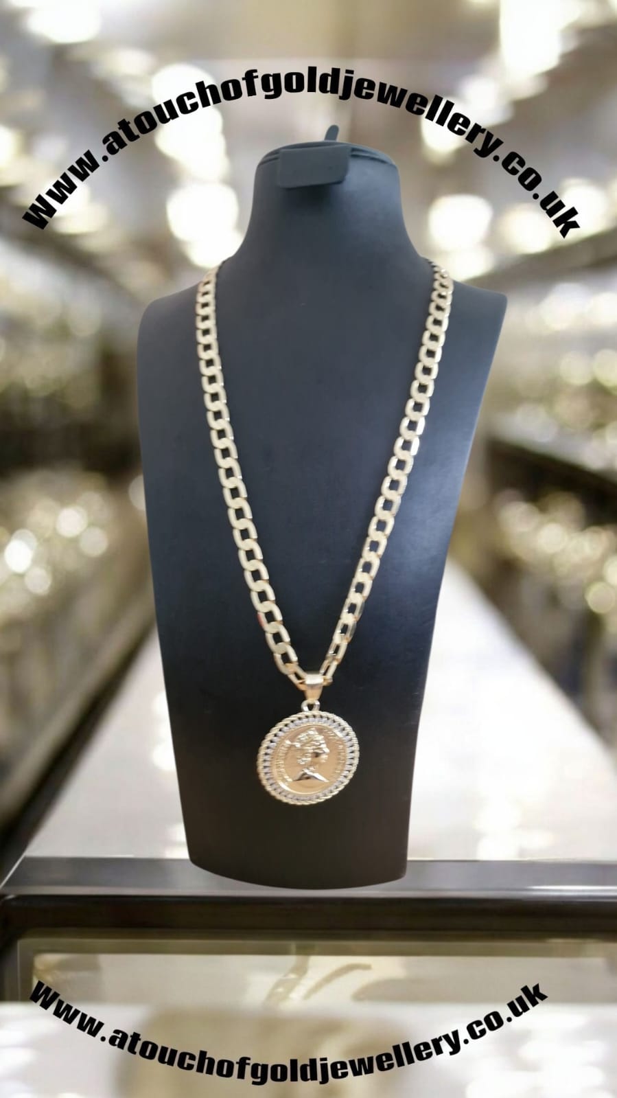 24" Gold Plated Curb Chain Necklace with Sovereign Style Pendant – Choose Your Width